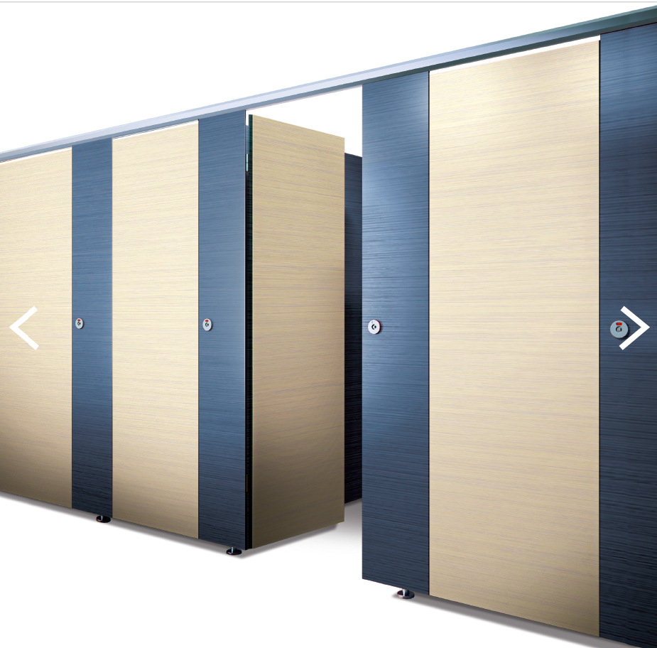 Commercial toilet partitions on display in a row.